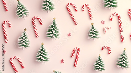 Fototapeta Naklejka Na Ścianę i Meble -  Abstract wallpaper with tiny Christmas trees and candy canes in a whimsical design on a light background