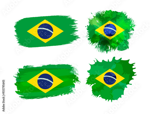 Brazil flag icons set in grunge style. Isolated staines with Brazillian flag and clipping mask. Clip art collection. Creative template with abstract spots. Branding identity concept. Brochure cover.