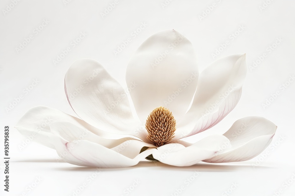 A beautifully detailed white magnolia flower is captured in full bloom with its soft petals and intricate center, placed against a plain white backdrop, emphasizing its elegance and purity. A beautifully detailed white magnolia flower is captured in full bloom with its soft petals and intricate center, placed against a plain white backdrop, emphasizing its elegance and purity.