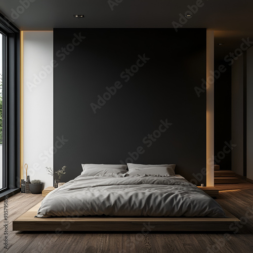 An empty wall opposite, a modern bed in front of the wall, a bedroom decorated in modern, simple and dark tones