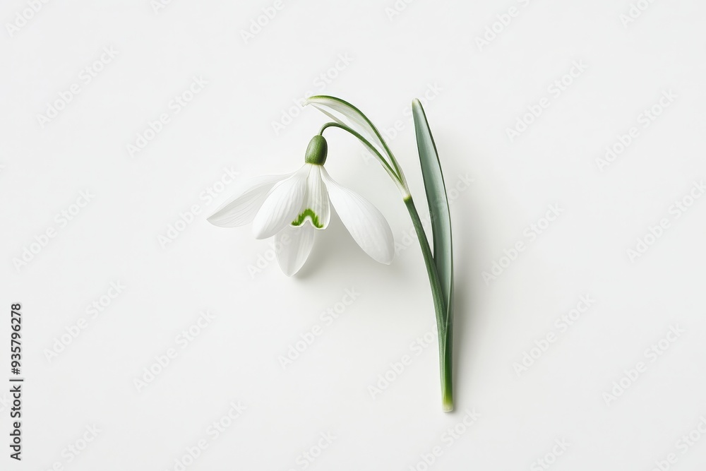 Overhead shot of a blooming snowdrop flower with green stem and leaves, presented on a simple, neutral background that accentuates the flower's purity and charm. Overhead shot of a blooming snowdrop flower with green stem and leaves, presented on a simple, neutral background that accentuates the flower's purity and charm.