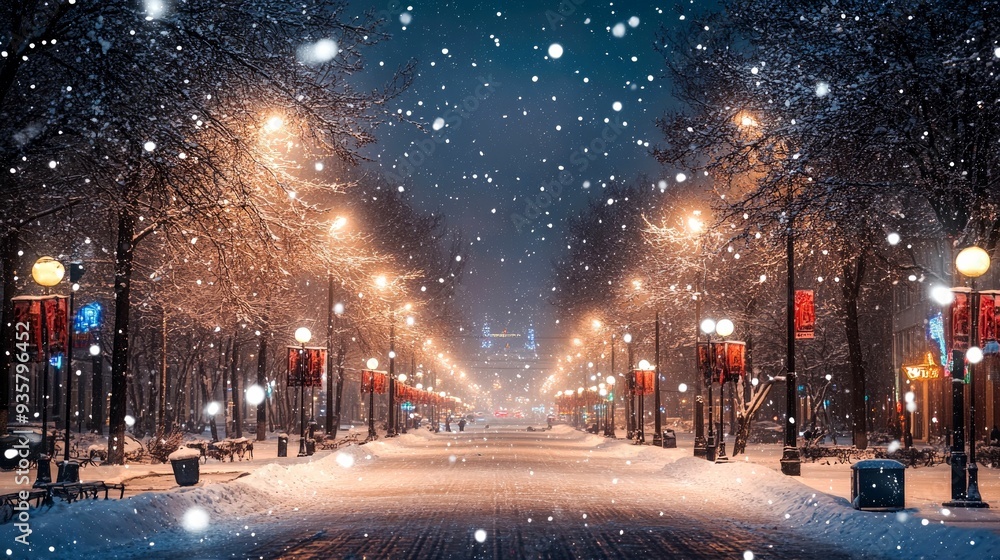 Snowy Nighttime Street with Streetlights and Snowfall Snowy Nighttime Street with Streetlights and Snowfall