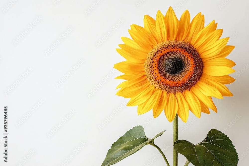 Obraz premium The image shows a sunflower with vibrant yellow petals and green leaves, standing against a pale background, symbolizing joy, vitality, and an abundant summer harvest.