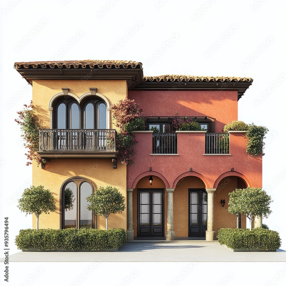 Photorealistic 3D Render: Mediterranean Duplex House, Isolated on White Background Photorealistic 3D Render: Mediterranean Duplex House, Isolated on White Background