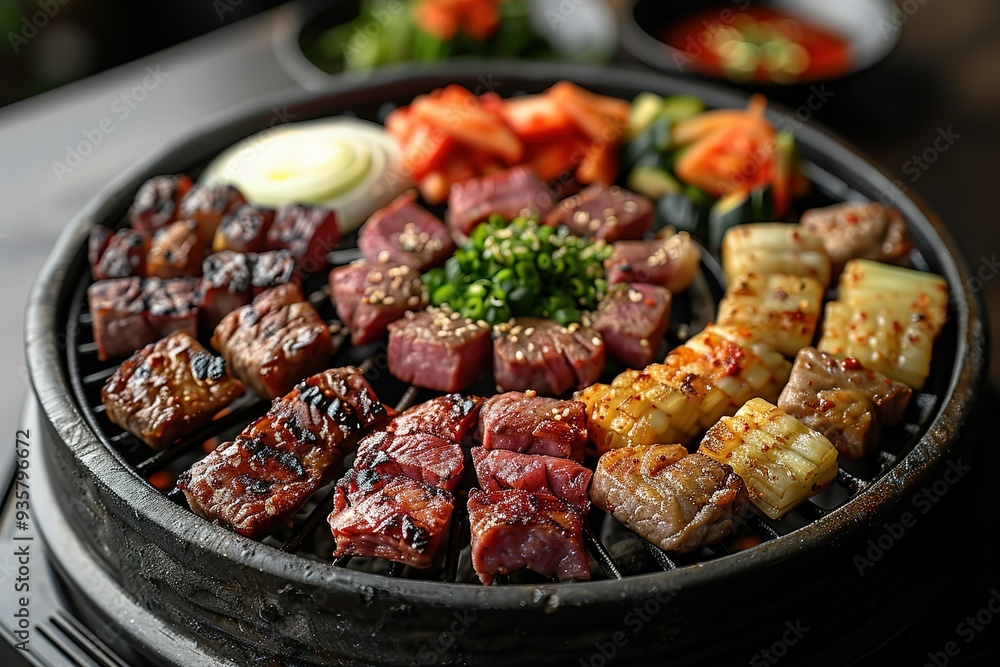 A variety of meats and vegetables are cooked on a grill A variety of meats and vegetables are cooked on a grill