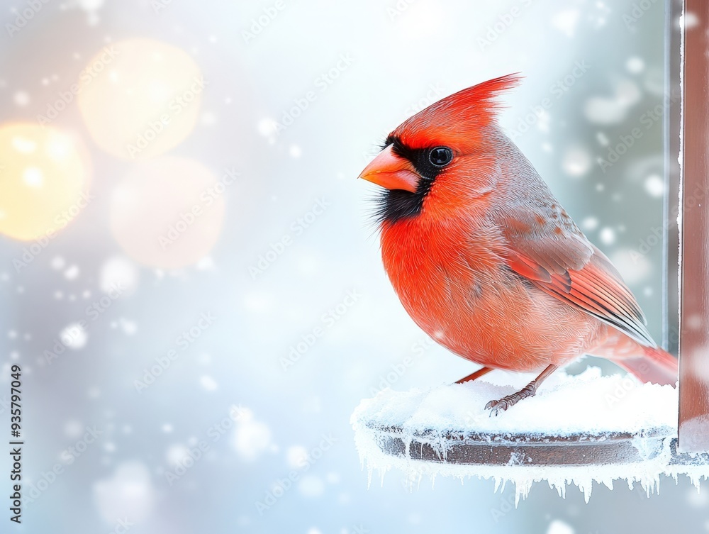 A vibrant cardinal perched on a snowy feeder during a winter morning light A vibrant cardinal perched on a snowy feeder during a winter morning light