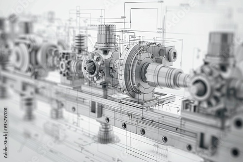 A drawing of a machine with many gears and a large gear in the middle