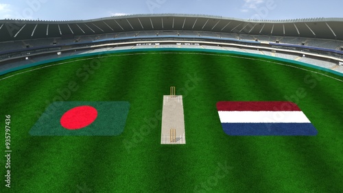 Cricket Stadium with BANGLADESH AND NETHERLANDS Flags on the Ground Representing BANGLADESH VS NETHERLANDS Cricket Match photo