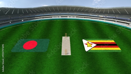 Cricket Stadium with BANGLADESH AND ZIMBABWE Flags on the Ground Representing BANGLADESH VS ZIMBABWE Cricket Match photo