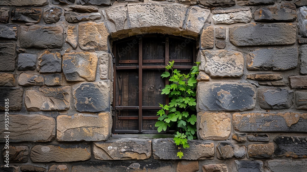 A charming stone wall featuring a rustic window with wooden bars, accented by green foliage, exuding timeless beauty. A charming stone wall featuring a rustic window with wooden bars, accented by green foliage, exuding timeless beauty.