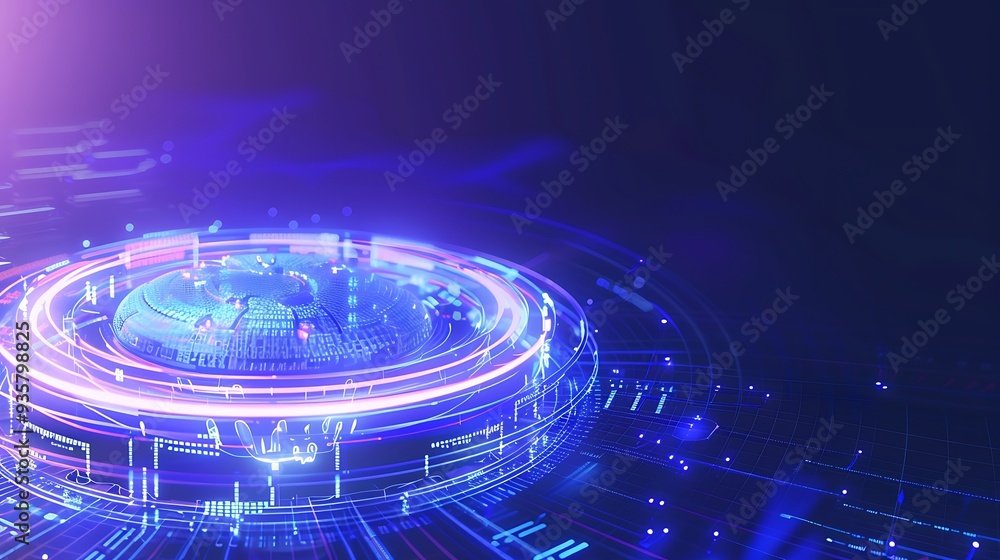 Futuristic digital interface with glowing elements on dark background depicting advanced technology and data visualization. Futuristic digital interface with glowing elements on dark background depicting advanced technology and data visualization.