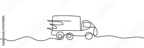 Continuous one line drawing of city cargo truck. Delivery truck line art vector illustration. Editable outline or stroke.