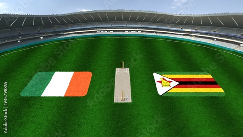 Cricket Stadium with IRELAND AND ZIMBABWE Flags on the Ground Representing IRELAND VS ZIMBABWE Cricket Match photo