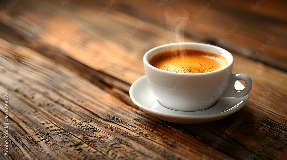 A realistic close-up of a steaming cup of coffee on a rustic wooden table, with empty space to the left for text A realistic close-up of a steaming cup of coffee on a rustic wooden table, with empty space to the left for text
