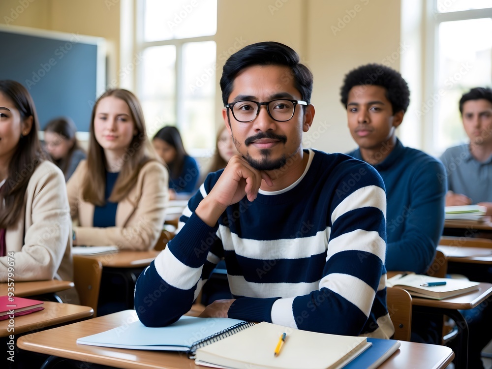 Student, thinking and a man in college classroom for education, test or exam. Idea, university and studying in lecture for problem solving, doubt or brainstorming for learning knowledge at school. Student, thinking and a man in college classroom for education, test or exam. Idea, university and studying in lecture for problem solving, doubt or brainstorming for learning knowledge at school.