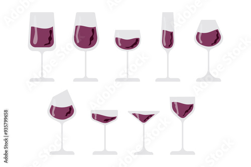 Large set of glasses of different shapes and sizes filled with wine. Glass Goblets.
