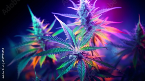 Wallpaper Mural Leaves of a cannabis plant close up. Colored pink leaf of medical marijuana on a dark background. Neural network ai generated art Torontodigital.ca