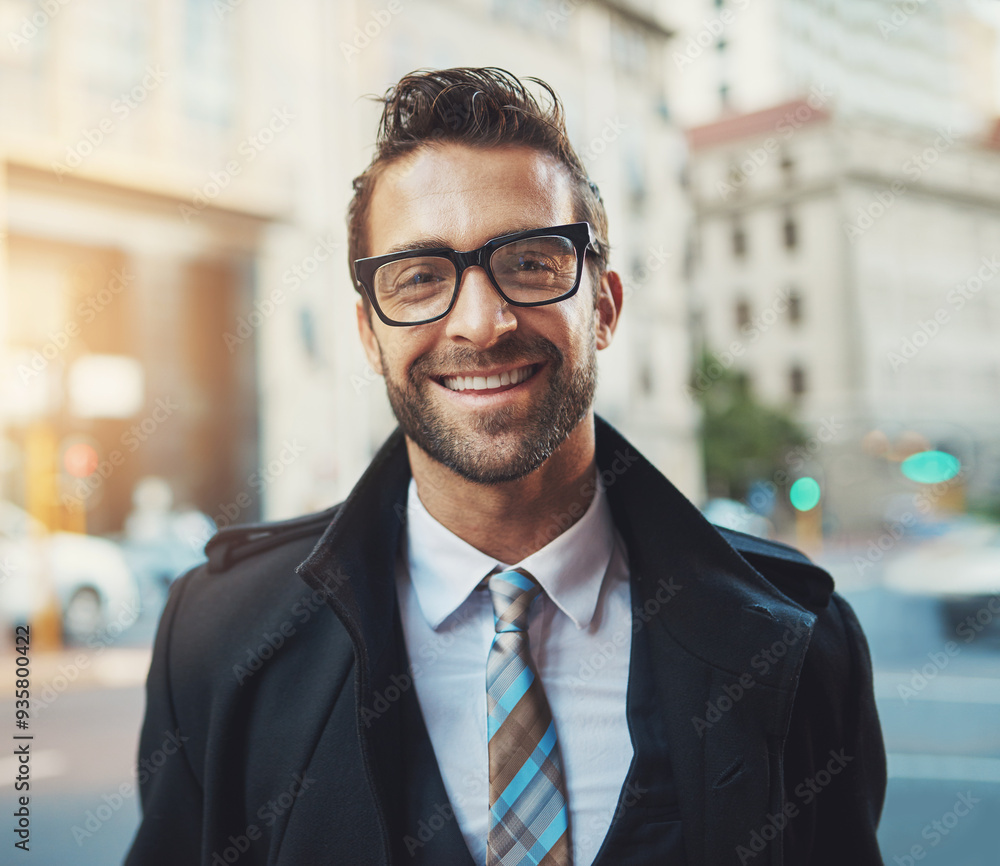 Portrait, business and man in city, glasses and smile with urban town, corporate clothes and joy. Face, employee and consultant in street, stylish outfit and eyewear with travel, commute and fashion Portrait, business and man in city, glasses and smile with urban town, corporate clothes and joy. Face, employee and consultant in street, stylish outfit and eyewear with travel, commute and fashion