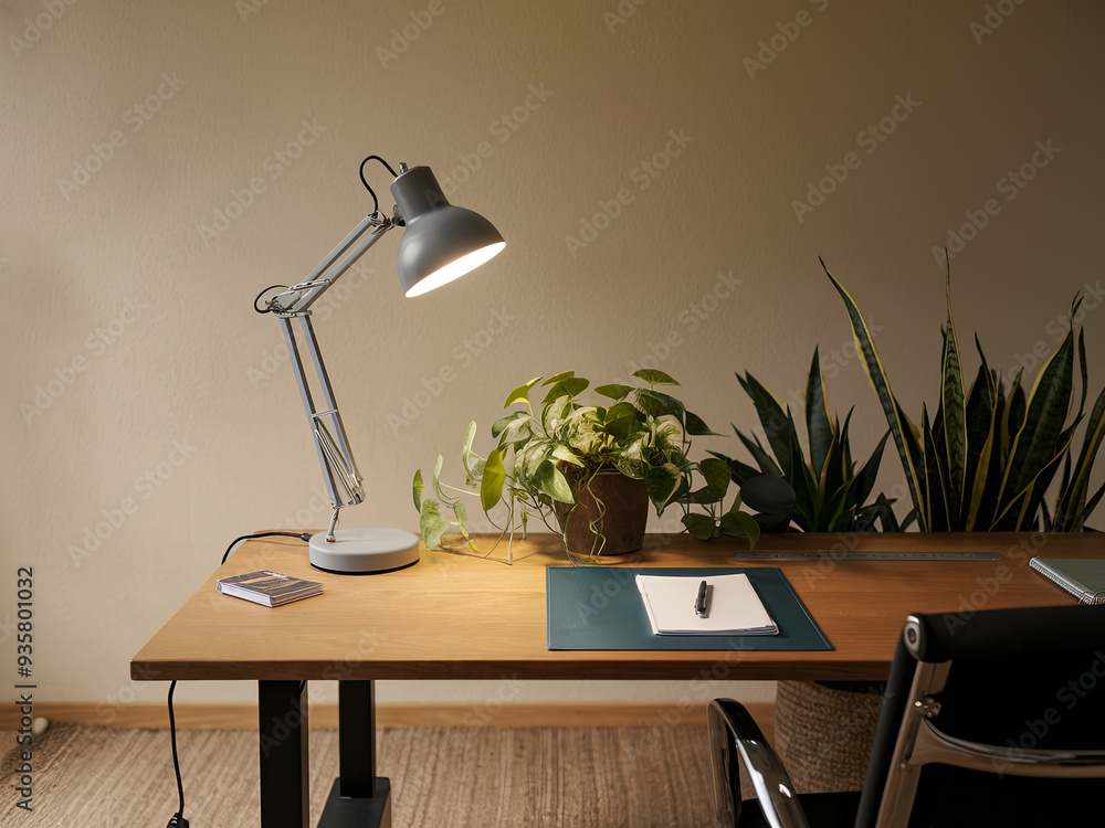 A desk lamp illuminates an office space A desk lamp illuminates an office space