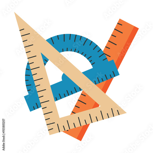 Set of vector rulers of different shapes and colors. Protractor, triangular ruler