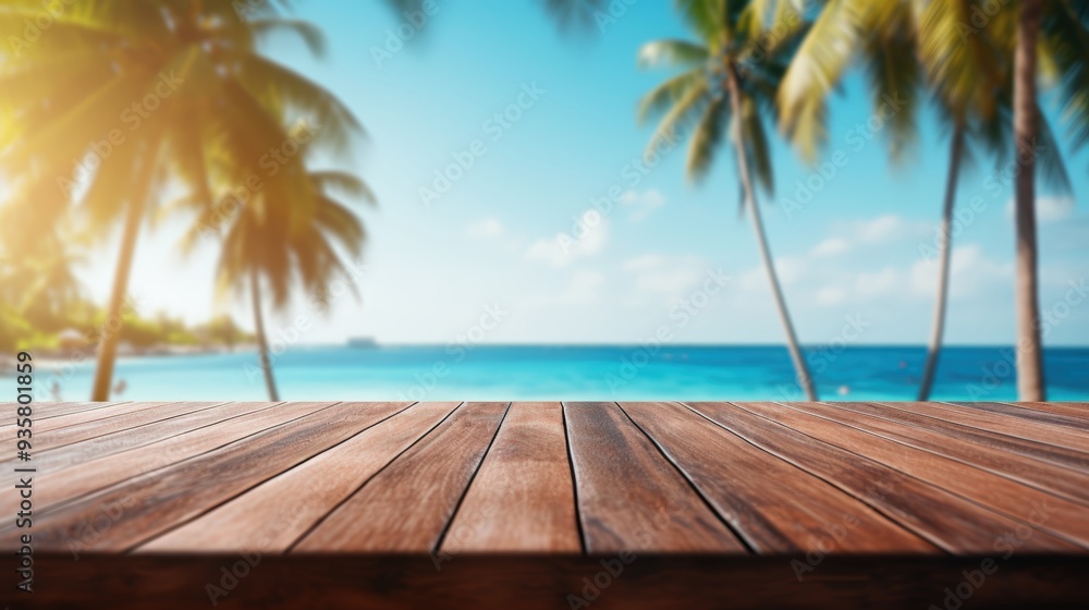 Wooden table top with beach background Wooden table top with beach background