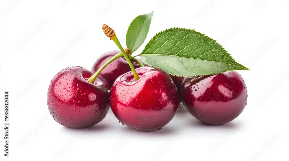 Obraz premium Fresh ripe red cherries with green leaves and stems isolated on a clean white background.