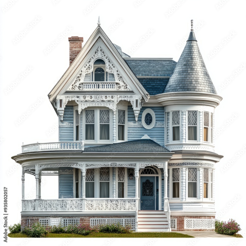 Fototapeta premium Photorealistic Queen Anne House Rendering - Victorian Style, Isolated on White