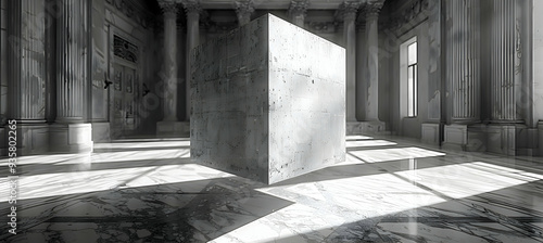 Fototapeta Naklejka Na Ścianę i Meble -  A realistic image of a floating 3D cube casting intricate shadows on a polished marble floor