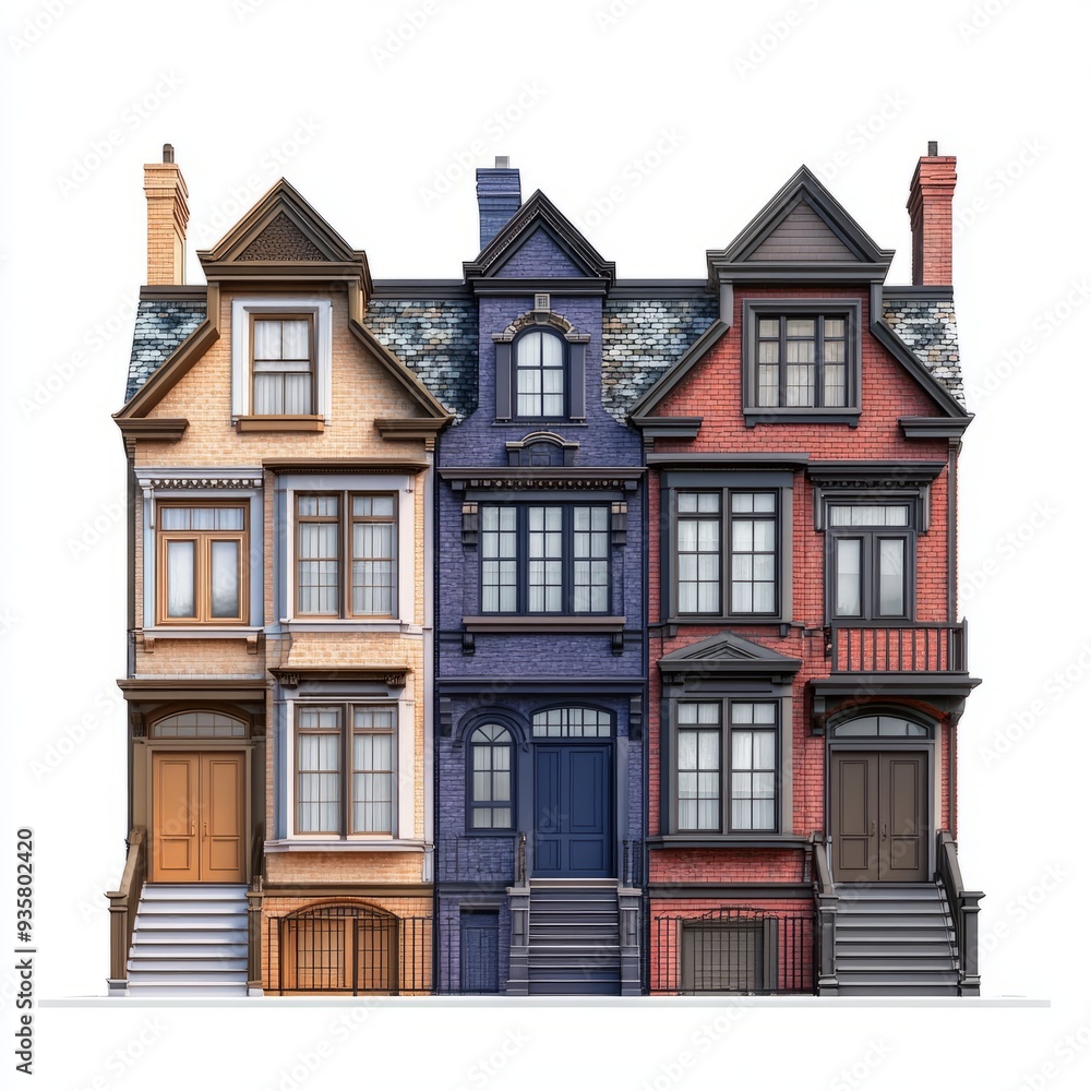 Fototapeta premium Photorealistic Row House 3D Model - Urban Style, Isolated on White Background