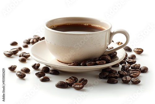 A white coffee cup with a white saucer and a pile of coffee beans on the saucer