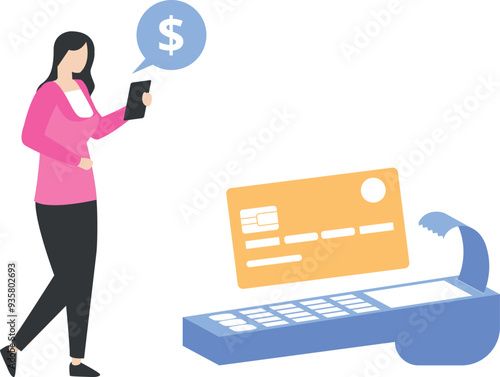 The girl is paying with the card machine.