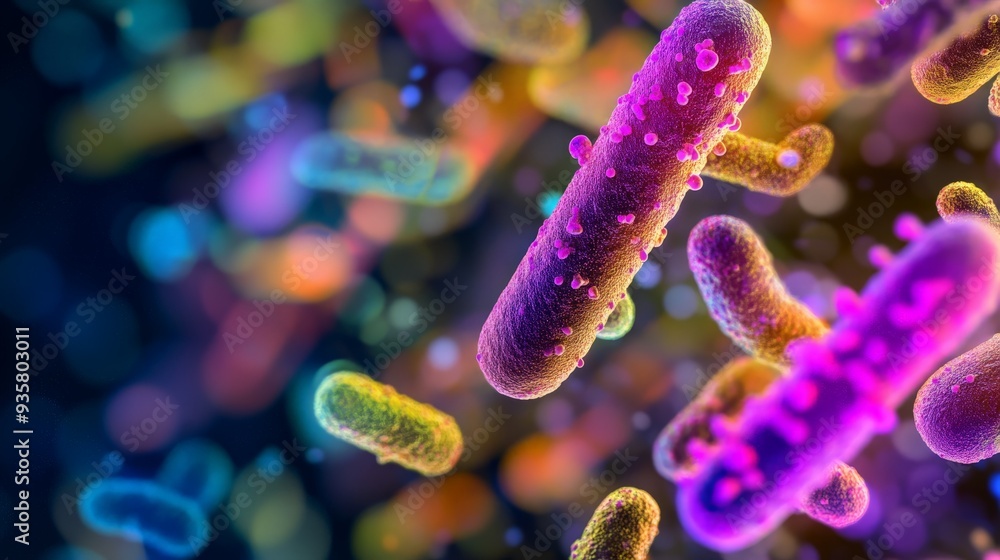 Colorful microscopic bacteria in a vibrant, detailed scientific image showcasing various microorganisms and their complex structures. Colorful microscopic bacteria in a vibrant, detailed scientific image showcasing various microorganisms and their complex structures.