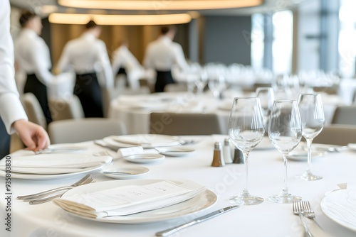 A banquet hall with servers in formal attire, setting up a table for a large event photo