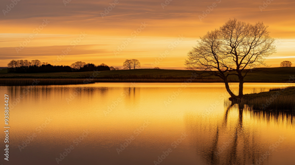 Golden Hour Serenity: Tranquil Reflections of a Tree at Sunset Golden Hour Serenity: Tranquil Reflections of a Tree at Sunset