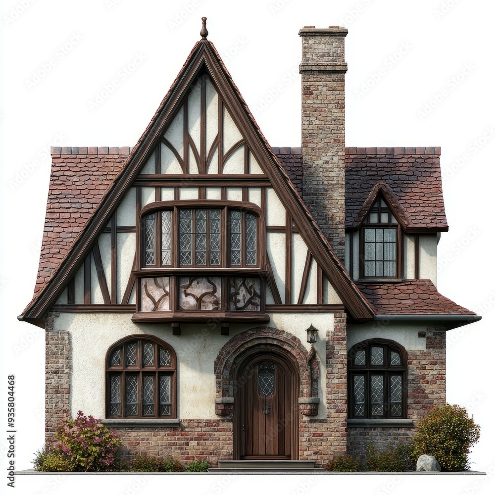Naklejka premium Photorealistic Tudor Revival House Rendering: English Style, White Background