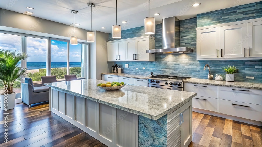In this modern coastal retreat, cool blue and gray granite and tile combine to create a calming, beach-inspired atmosphere that embodies the soothing essence of the ocean. In this modern coastal retreat, cool blue and gray granite and tile combine to create a calming, beach-inspired atmosphere that embodies the soothing essence of the ocean.