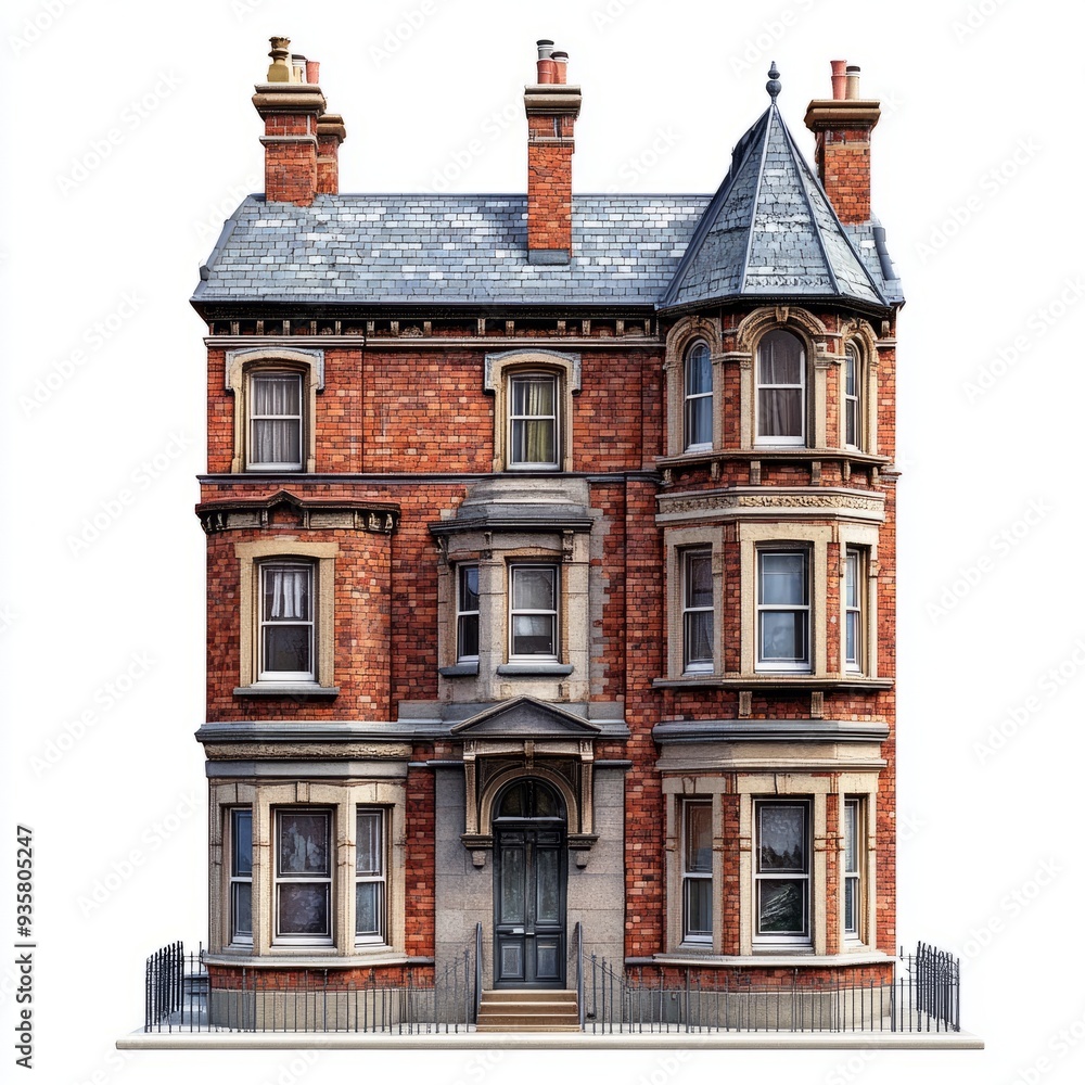 Fototapeta premium Victorian Terrace House: Photorealistic 3D Model Isolated on White Background