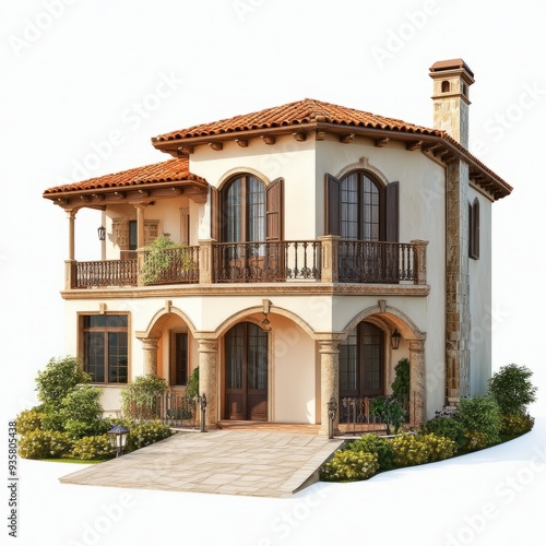 Stunning Mediterranean Villa: Photorealistic 3D Render on White Background