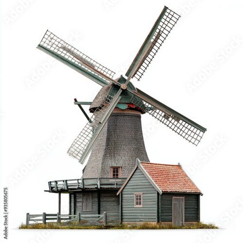 Photorealistic Dutch Windmill House Isolated on White Background 1