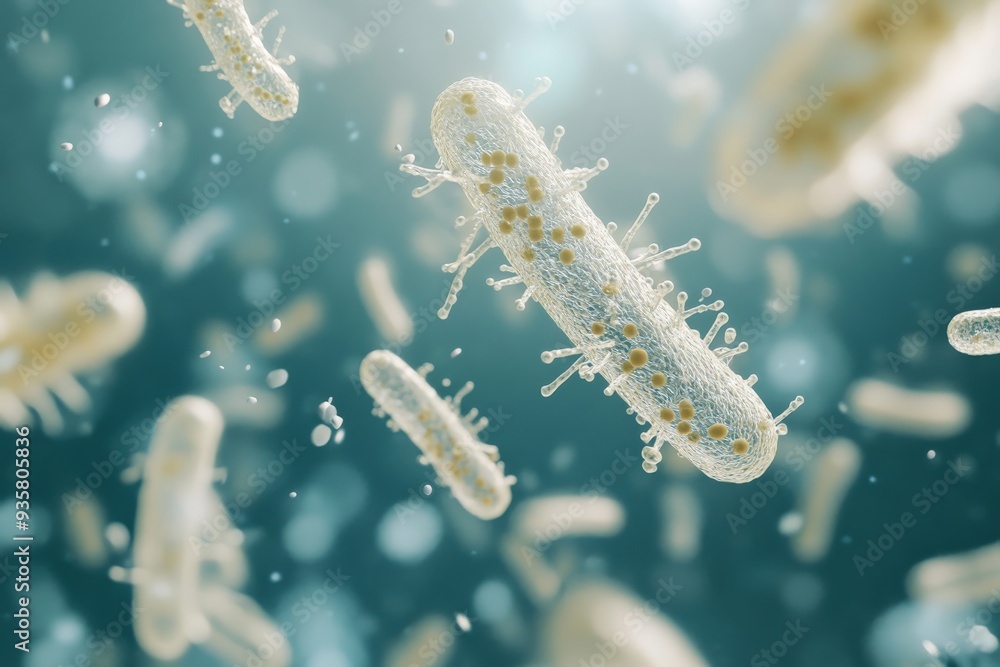 High-resolution macro view of a single bacterium floating in a liquid environment, showcasing the detailed structure and surface textures of microorganisms. High-resolution macro view of a single bacterium floating in a liquid environment, showcasing the detailed structure and surface textures of microorganisms.