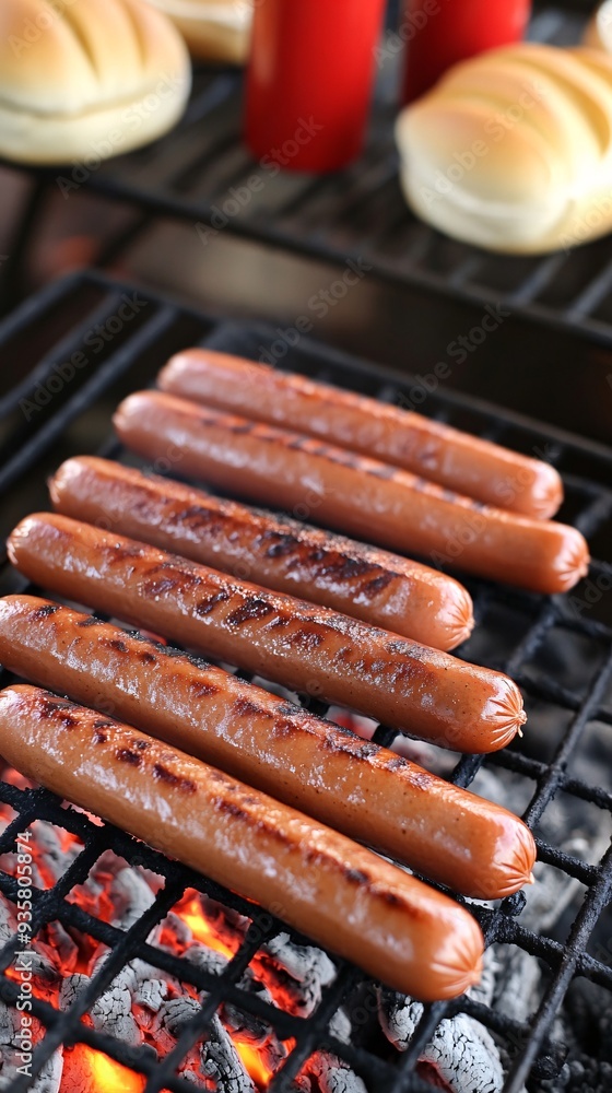 Close-up of grilled hot dogs on a barbecue grill. Close-up of grilled hot dogs on a barbecue grill.