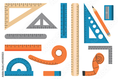 Set of rulers of different shapes colors, protractor, pencil. set of stationery for school, office