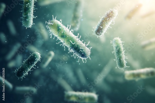 Digital illustration showing a high-resolution image of bacteria floating in an aquatic environment, capturing the complex structures and detailed features of the microorganisms. photo