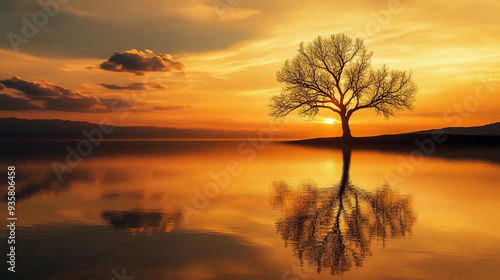 Golden Hour Serenity: Tranquil Reflections of a Tree at Sunset