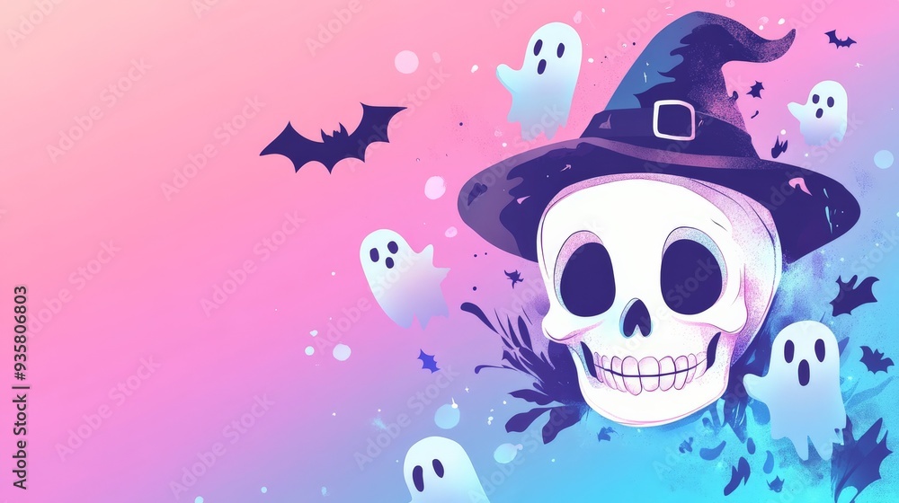 An adorable depiction of a skull with a witch hat accompanied by cute ghosts and bats in a colorful setting, exuding a playful Halloween ambiance for all ages. An adorable depiction of a skull with a witch hat accompanied by cute ghosts and bats in a colorful setting, exuding a playful Halloween ambiance for all ages.