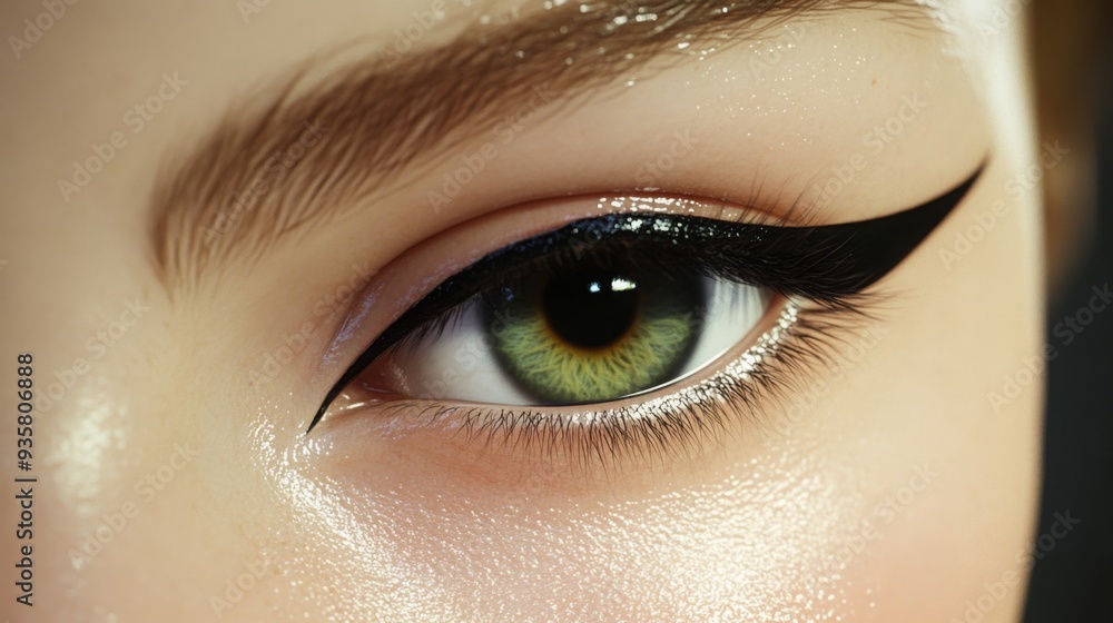 Fototapeta premium A striking close-up view of a woman's eye featuring bold eyeliner, highlighting her vibrant green iris under gentle light.