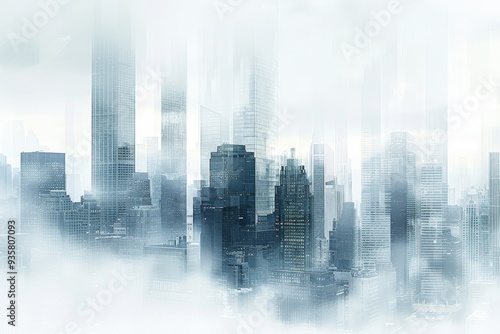 A city skyline is shown in a foggy, hazy atmosphere