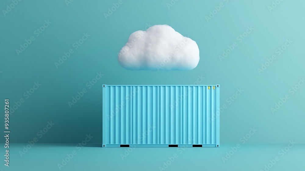 Minimalist image of a cloud floating over a blue shipping container on a teal background, symbolizing technology and innovation. Minimalist image of a cloud floating over a blue shipping container on a teal background, symbolizing technology and innovation.