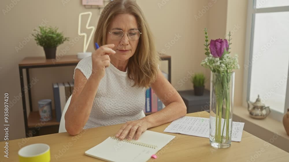 Mature woman removes glasses feeling stressed at home office with notepad and pen Mature woman removes glasses feeling stressed at home office with notepad and pen