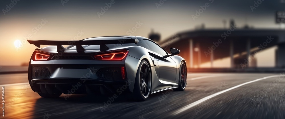 Fototapeta premium Sleek Black Sports Car Driving on a Road at Sunset